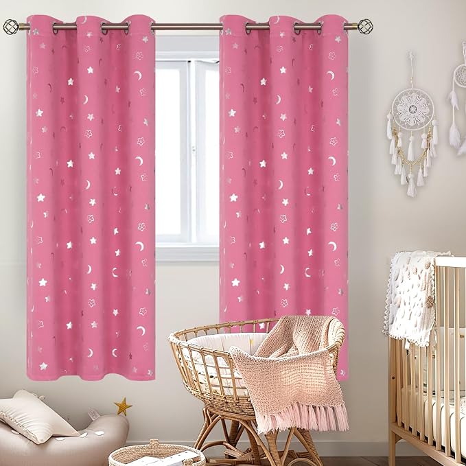 BGment Pink Curtains for Girls Bedroom 72 Inch Length, Star and Moon Blackout Curtains for Kids Babys Bedroom, Room Darkening Thermal Insulated Window Grommet Curtains for Nursery, 42 Wide, 2 Panels