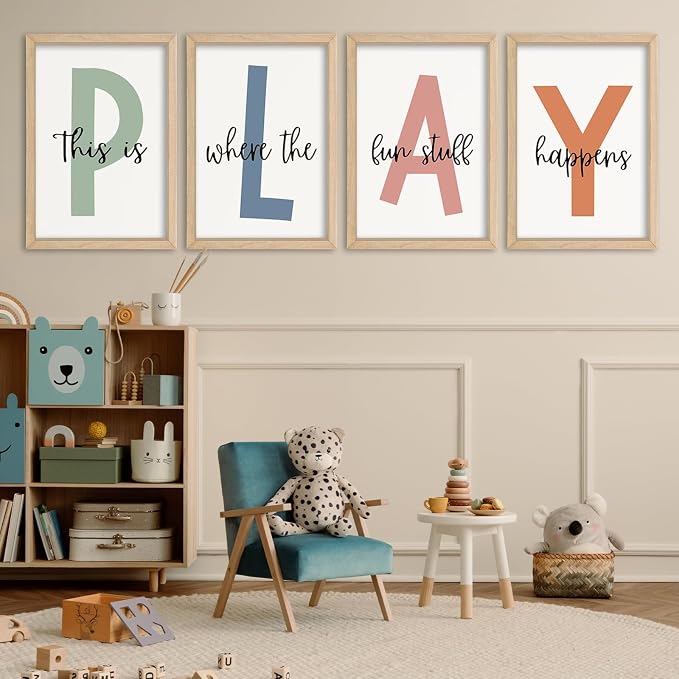This Is Where Fun Stuff Happens Kids Playroom Wall Decor PLAY Quote Art | Motivational Prints for Nursery, Natural Wood Frame, Set of 4, 16x24 Inches , Let's Play Sign for Toddler Boys, Ready to Hang