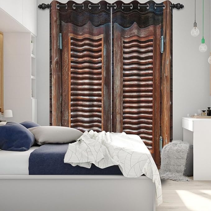 Rustic Wooden Barn Door Blackout Window Curtains Wood Planks Farm Farmhouse Curtains Country Retro Western Vintage Brown Window Treatments Kitchen Bedroom Living Room Decor,42x108 inch,2 Panels
