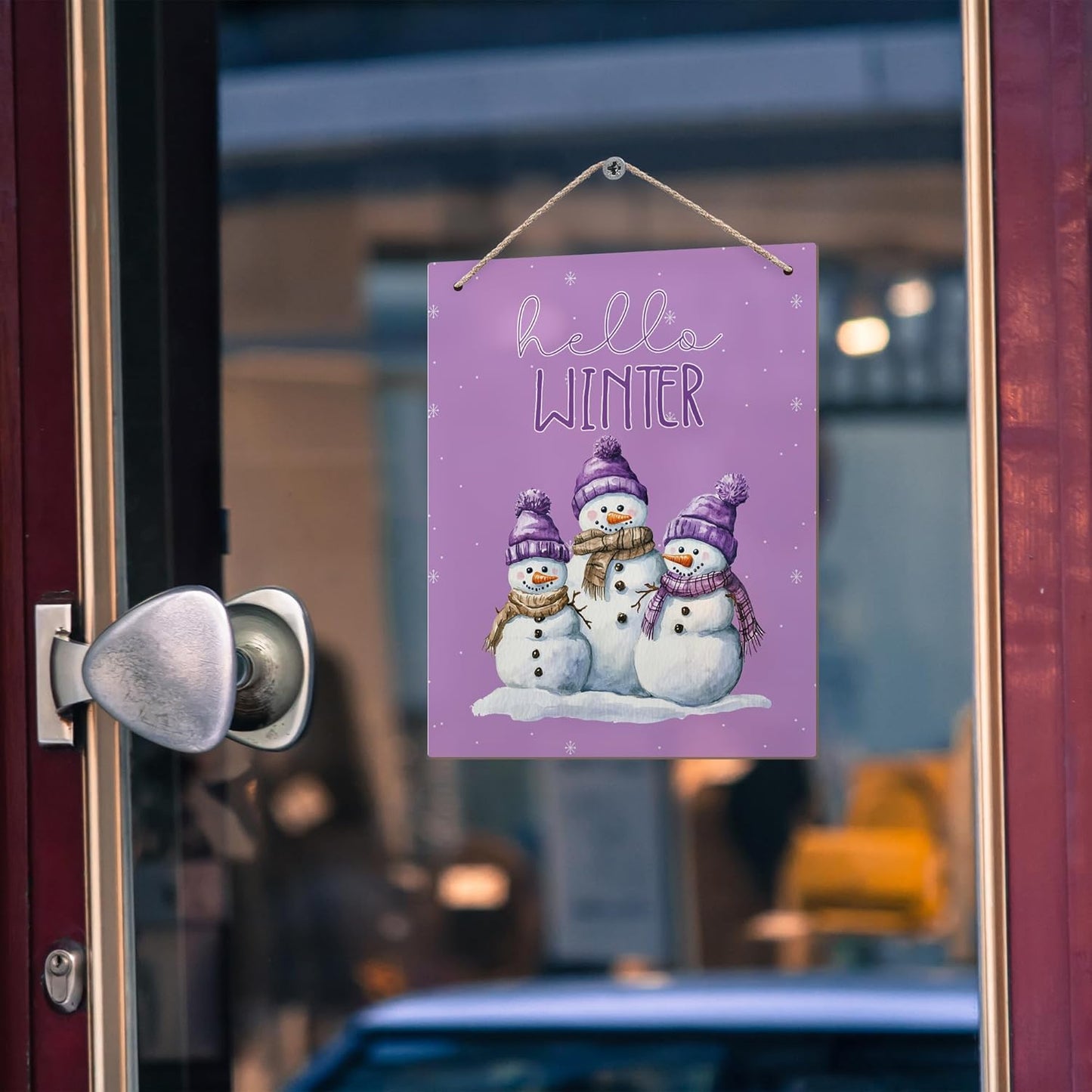 Purple Hello Winter Snowman Hanging Wooden Signs 10x8, Snowman Winter Signs, Winter Door Sign, Purple Snowman Winter Snowflakes Home Room Office Hanging Wall Decor