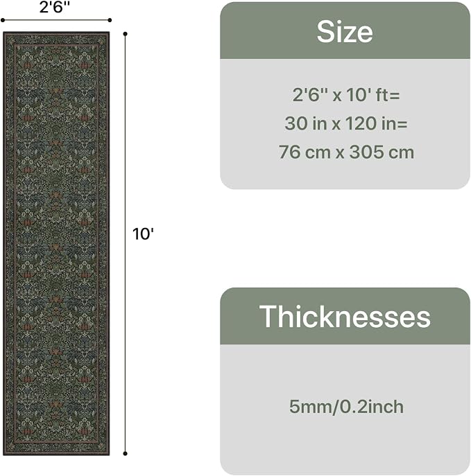 GENIMO 2.5x10 Washable Long Runner Rug, Non Slip Hallway Mat, Dark Green | Vintage Boho Floral Low Pile Thin Mat for Entryway, Kitchen, Bedroom, Indoor Decor