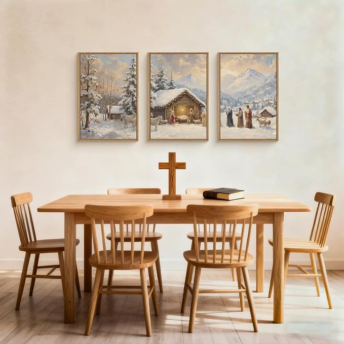 HOURIA Vintage Christmas Nativity Framed Canvas Wall Art Set, Religious Christian Birth of Jesus Biblical Wall Decor, Winter Snowy Landscape Artwork for Living Room,Church,Xmas 16 x24 x3