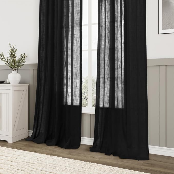 Black Curtains 96 Inches Long Cotton Linen Rod Pocket Back Tab Semi Sheer Black Drapes Privacy Light Filtering Lightweight Aesthetic Modern Elegant Boho Window Curtains 2 Panel Sets for Living Room