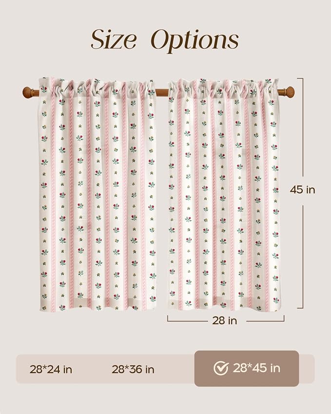Miss Adola Farmhouse Kitchen Tier Curtains - 45 Inch Length Linen Blend Boho Floral Cafe Curtains Stripe Small Window Treatments Over Sink Rod Pocket for Bathroom Living Room Light Filtering, 2 Panels
