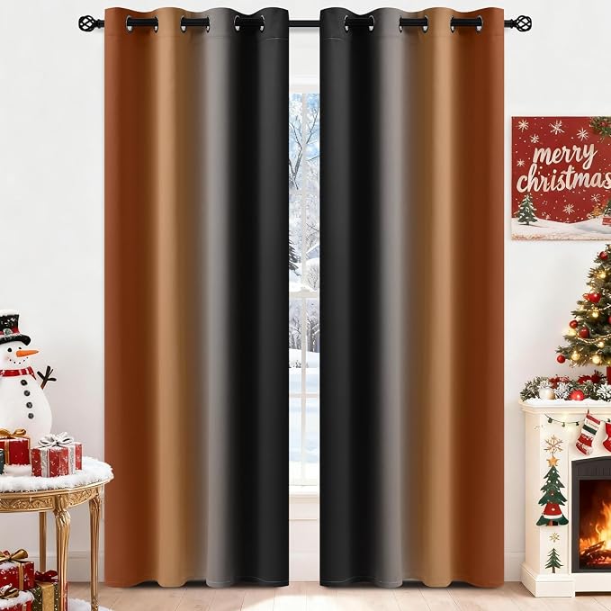 Yakamok Blackout Ombre Burnt Orange and Black Curtains-Gradient Room Darkening Curtain, Grommet Thermal Insulated Light Blocking Window Drapes Curtain for Living Room Bedroom,52 x 84 Inch,2 Panels