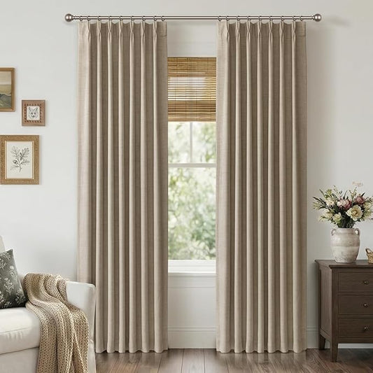 100% Blackout Shield Linen Look Textured Pinch Pleated Curtains Blackout Drapes 96 Inch Long 2 Panels Set, Faux Linen Blackout Curtains for Bedroom & Living Room, 40" W x 96" L, Grey Beige
