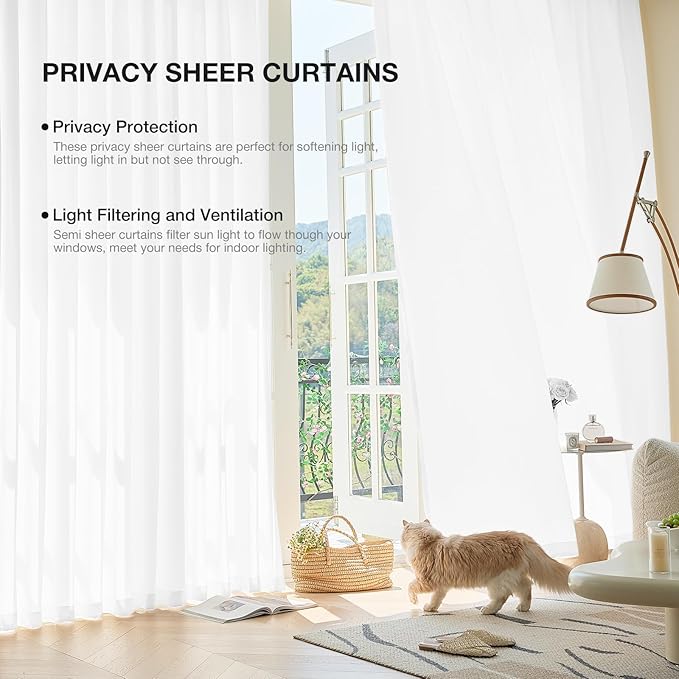 Anmao Non-See-Through Bright White Privacy Semi Sheer Curtains for Living Room 90 Inch Length 2 Panels Set, Light Filtering That Let Light In Rod Pocket Window Drapes for Bedroom, 52W x 90L,Pure White