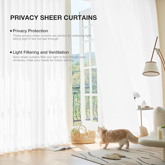 Anmao Non-See-Through Bright White Privacy Semi Sheer Curtains for Living Room 63 Inch Length 2 Panels Set, Light Filtering That Let Light in Rod Pocket Window Drapes for Bedroom, 40Wx63L, Pure White