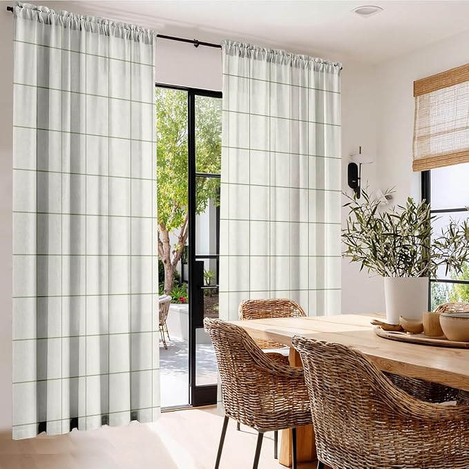 Plaid Curtains 84 inches Long for Bedroom,Farmhouse Gingham Curtains 84 Inches Long for Living Room,Beige Sage Green Gingham Checkered Rod Pocket Light Filtering Stripes Privacy Drapes 2 Panels