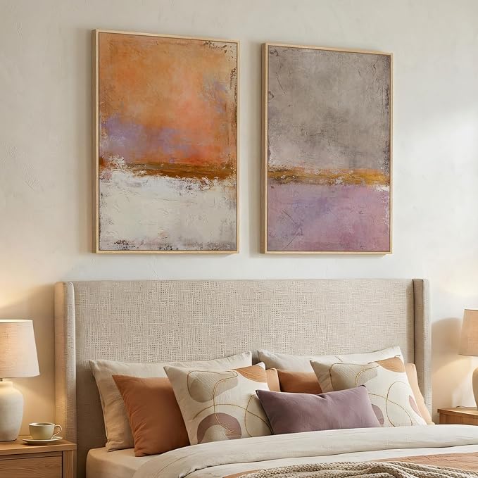 Large Framed Abstract Wall Art for Living Room, Set of 2 Orange Purple Colorful Print Canvas Artwork for Walls, Modern Minimalist Painting Pictures for Bedroom Hallway Office Wall Decor 24x36 Inch