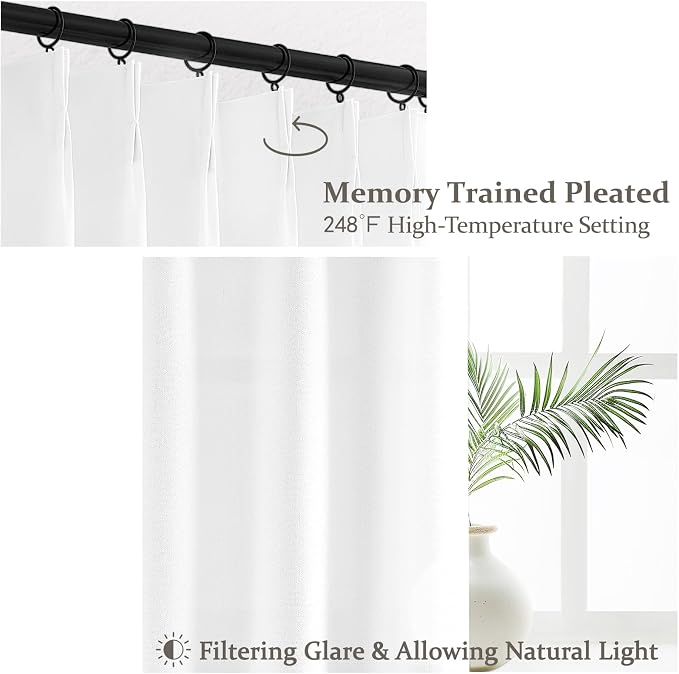 White Linen Sheer Curtains 84 Inches Long 2 Panels, Neutral Textured Pinch Pleated 7ft Light Filtering Drapes for Living Room Elegantes with Hooks Track System&Back Tab Window Panels Office at Home