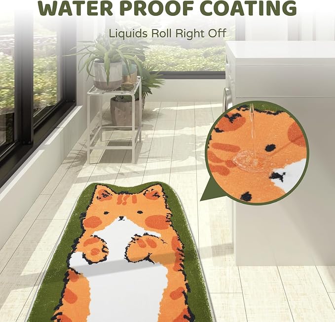 Cat Rugs, 1.3' X 3.9' Small Cute Irregular Shaped Rug for Bedroom Bathroom Room, Funny Cartoon Pet Area Carpet Kid Rugs, Cat Decor Dog Shaped Pet and Children Entryway Runner Rug (A Green Cat)