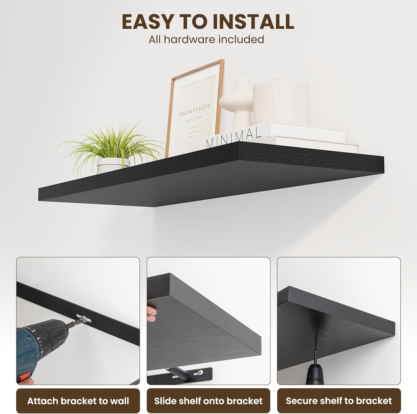 24" Floating Shelves for Wall, 12" Deep Slim Black Floating Shelves, Wall-Mounted Shelves for Bedroom, Living Room, Kitchen, Bathroom - Set of 2