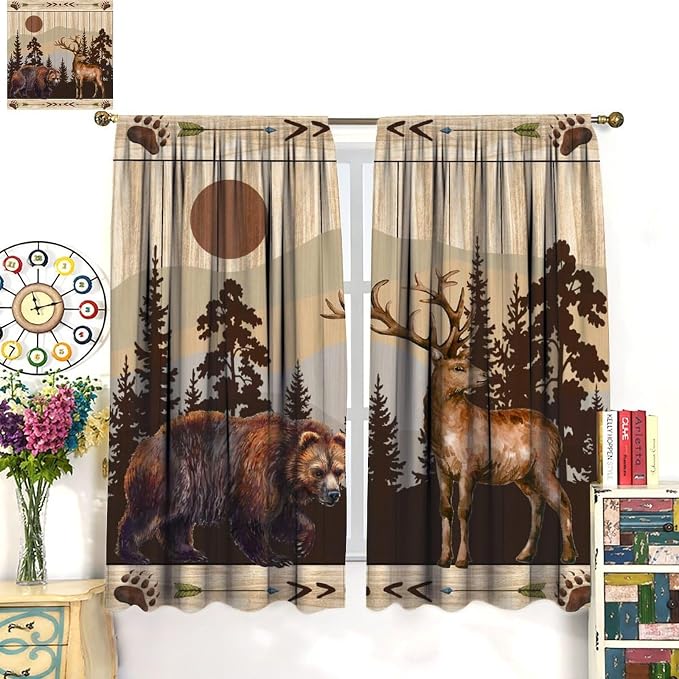 Bear Deer Blackout Curtains for Kitchen Vintage Country Hunting Cabin Wood Planks Forest Bear Footprints Deer Black Bear Bow and Arrow Wildlife Windows Treatments for Bedroom Living Room 42x45in