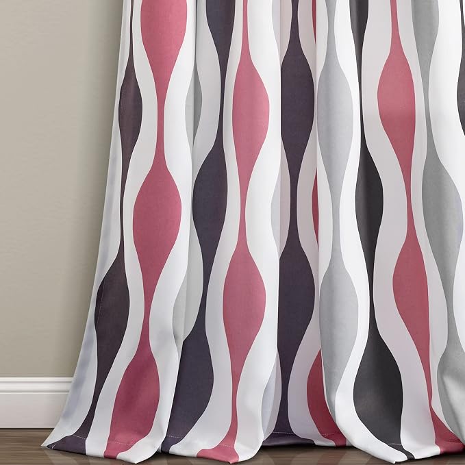 Lush Decor Mid Century Geo Room Darkening Window Curtain Panels Pair 52" W x 95" L Coral & Gray - Retro Curtains for Living Room - Vintage Drapes