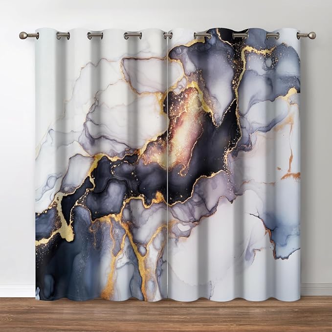 Jekeno Marble Curtains Abstract Gold Grey Black Brick Stone Wall Design Home Bedroom Living Room Decor Room Darkening Grommet Window Drapes 2 Panel Set, 52"x63"