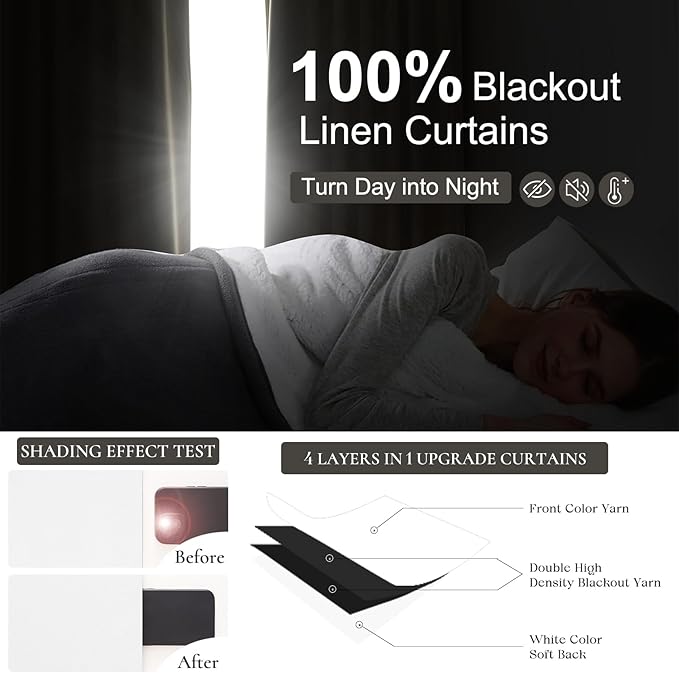 BrightWhite Linen 86 Inch 100% Blackout Curtains for Bedroom, Pleated Heading Tape Ring Clips Back Tab Thermal Custom Made Window Curtains Living Room Modern Farmhouse (100 Wide Total, Each W50"x2Pcs)