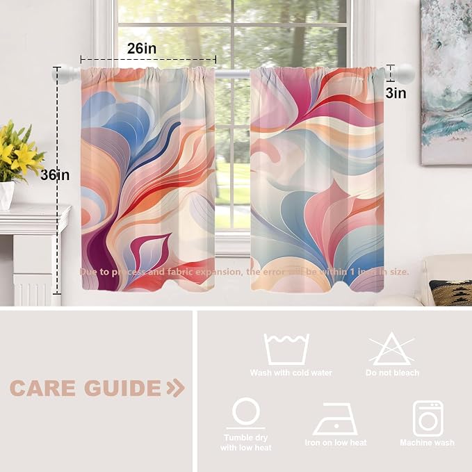 Shrahala Colorful Waves Blackout Curtain Tiers, Fluid Abstract Pattern Kitchen Valance Light Blocking Tier Drapes with Rod Pocket, 2 Pack 26 X 36 in