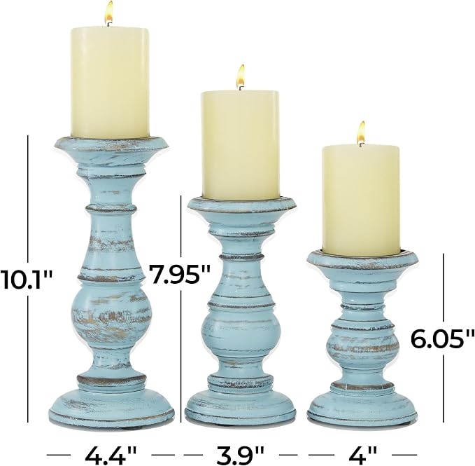 Deco 79 Mango Wood Decorative Candle Holder Distressed Turned Pillar Candle Stand, Set of 3 Candlestick Holder 6", 8", 10"H, Light Blue