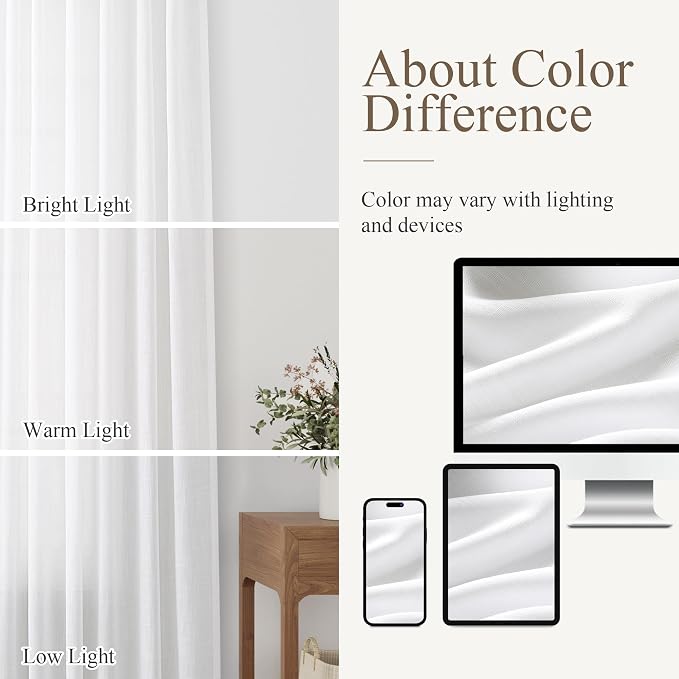 Aersas White Semi Sheer Long Curtains 120 Inch Length for Living Room 2 Panel Set Back Tab Rod Pocket Linen Textured Privacy Floor Curtains Light Reducing Farmhouse Curtain for Dining Room 52x120