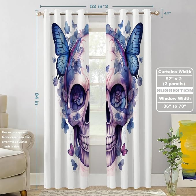 Shrahala Halloween Watercolor Skull Thermal Insulated Blackout Window Curtains, Purple Blue Gothic Butterflies Flowers Long Drapes for Bedroom/Living Room with Plastic Grommet, 52X84 Set of 2