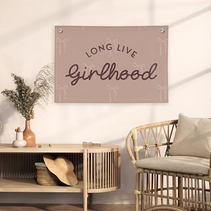 Pink Girls Room Decor，Vintage Coquette Bow Hanging Linen Banner Flag for Baby Girls Nursery Teen Girl Bedroom Dorm Decorations Kids Toddler Room Nursery Playroom Wall,girlroom