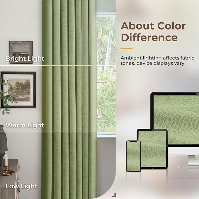 INOVADAY 100% Blackout Curtains for Bedroom, Black Out Curtains 90 Inch Long, Clip Rings Linen Blackout Drapes, Thermal Insulated Room Darkening for Living Room, 2 Panels - Sagegreen,W50xL90