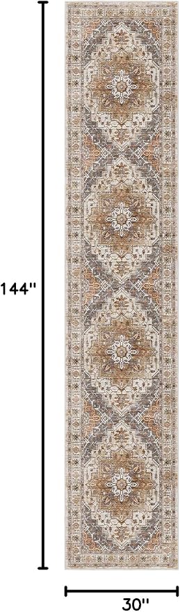 Madane Hallway Runner Rug 2'6''x12', Non Slip Vintage 12ft Runners for Hallways Washable Kitchen Rugs Soft Low Pile 2.5x12 ft Rug Runner for Laundry Room, Entryway and Bedroom, Turmeric/Grey