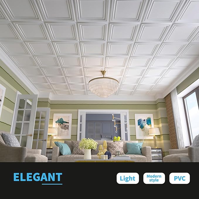 Art3d PVC Ceiling Tiles, 2'x2' Plastic Sheet in White (24-Pack)