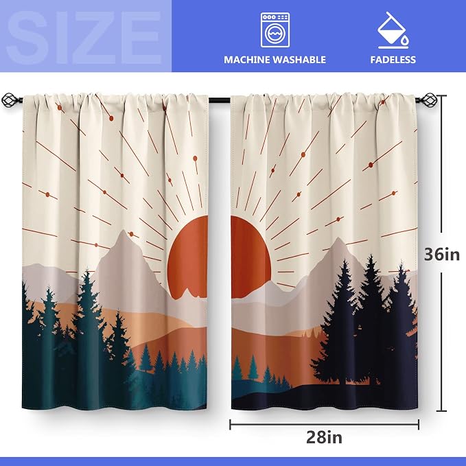 Aimego Boho Forest Kitchen Curtains - Aesthetic Modern Country Mountain Sunset Nature Sun Rustic Art Short Cafe Tier Curtains Decor for Living Room Rod Pocket Window Drapes 2 Panels Set 28"x36"
