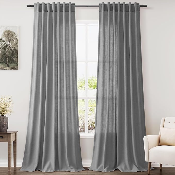 Dark Grey Linen Extra Long Curtain 108 Inches Long 2 Panels Set Back Tab Drapes for Bedroom Lively Farmhouse Light Filtering Semi Sheer Linen Curtains 108 Inch Length for Large Window 52x108