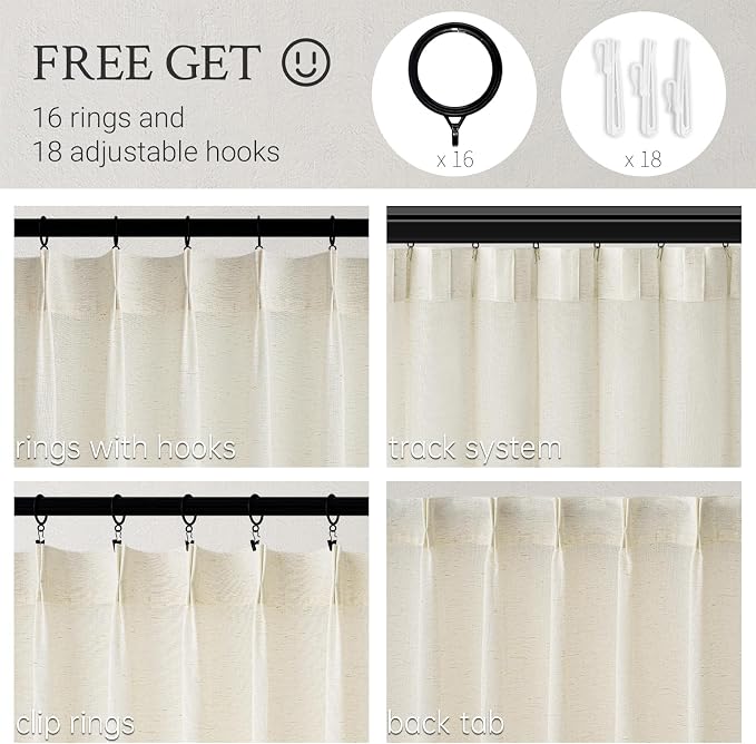 Pinch Pleated 92 Inch Curtains 2 Panels for Living Room Natural Linen Curtains 92 Inches Long Pinch Pleat Drapes for Track System Light Filtering Semi Sheer Curtains for Living Room Bedroom,Brich