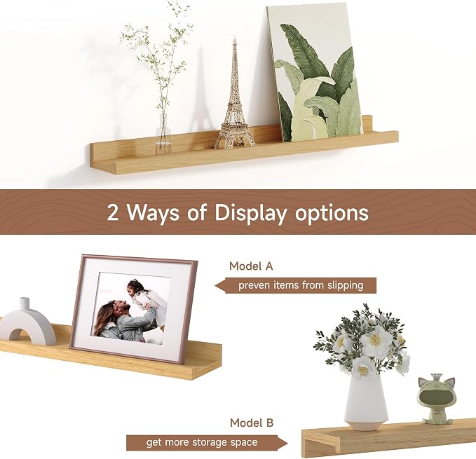 Fun Memories Picture Ledge Shelf for Wall, Floating Shelves Set of 4, 24 Inch Long Nursery Book Shelves for Toys Storage, Kids Bookshelf Wall Mounted for Books Photo Frames, Oak