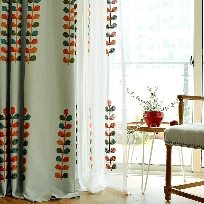 VOGOL Colorful Leaf Embroidered Curtains, Linen Grommet Decorative Light Filtering Drapes for Living Dining Room Large Windows, 2 Panels, 60 x 106 Inches