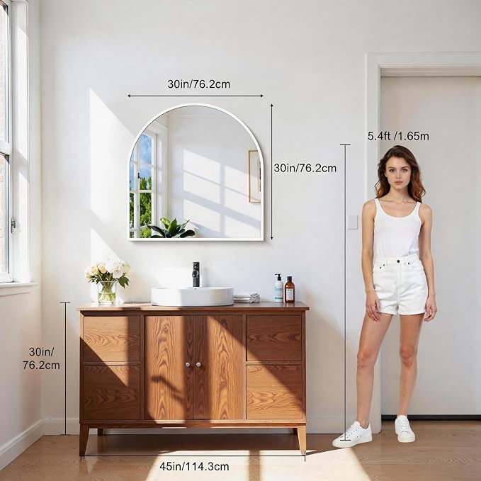 CIRCUMI Arched Wall Mirror, 30"x30" White Arched Mirror with Tempered Glass, Metal Frame, Large Size for Entryway Table, Mantel,Living Room,Over Sink,Arch Mirror for Decor,Shatterproof&Crystal-Clear