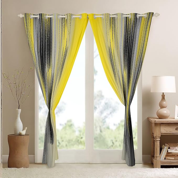 jejeloiu Yellow and Black Curtains for Bedroom Living Room (2 Panels, 42 x 90 Inch) Modern Art Blackout Curtains for Kids Adults Messy Rust Darkening Drapes Gradient Stryle Window Treatments s