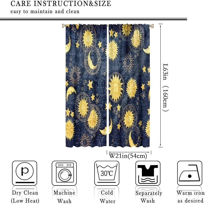 Boho Sun Moon Blackout Window Curtains, Bohemian Golden Sun Moon Stars Print Rod Pocket Window Drapes, for Living Room Bedroom 42x63in 2 Panels