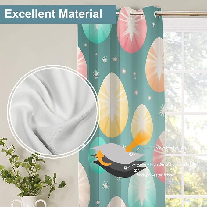 Shrahala Easter Eggs Stars Thermal Insulated Blackout Window Curtains, Colorful Easter Egg Pattern Long Drapes for Bedroom/Living Room with Plastic Grommet, 52X63 Set of 2