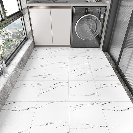 WESTICK White Peel and Stick Floor Tile Bathroom Waterproof Marble Vinyl Floor Tiles Self Adheisve Easy DIY Granite Flooring Tile for Kitchen Bedroom Dining Room 12" x 12" Jazz White