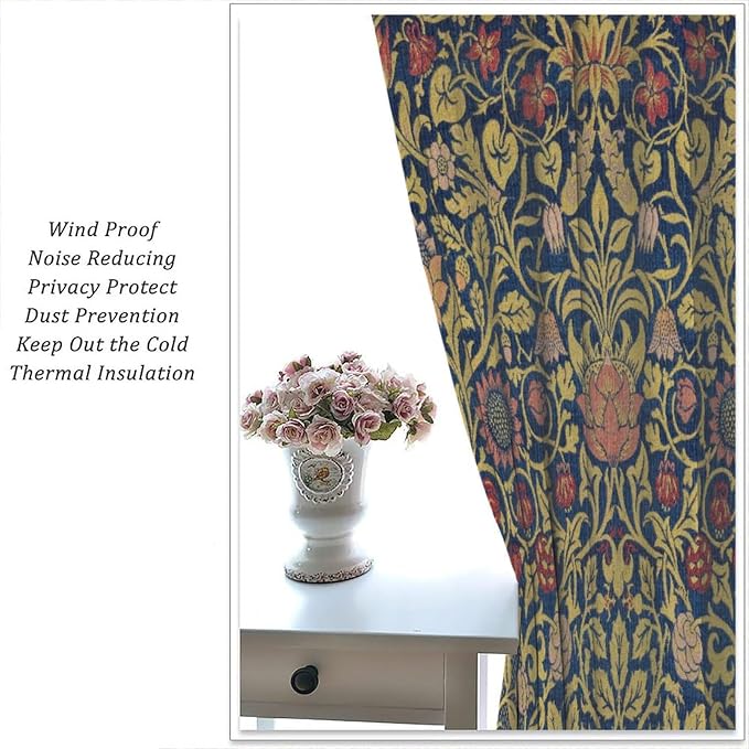 Retro Bohemian William Morris Plant Floral Blackout Window Curtains, Abstract Vintage Country Floral Leaf Pattern Print Window Drapes, for Bedroom Living Room 21(W)*45(L) 2 Panels