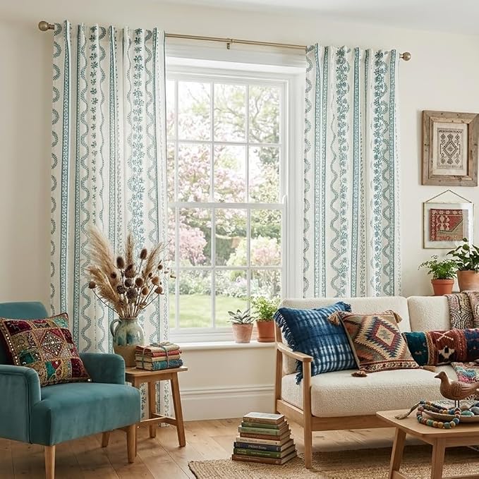 Teal Bohemian Floral Curtains for Living Room, Boho Linen Sheer Curtains for Bedroom 63 Inches Long