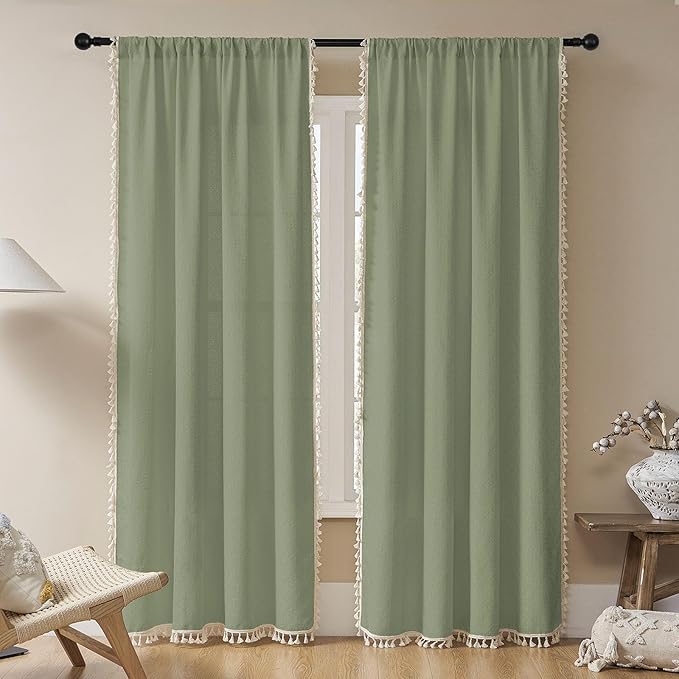 Joydeco Sage Green Boho Curtains 96 Inches Long 2 Panels, Super Soft Bohemian Farmhouse Curtains with Tassels, Semi Sheer Light Filtering Drapes for Bedroom Living Room (Rod Pocket, 52Wx96L)