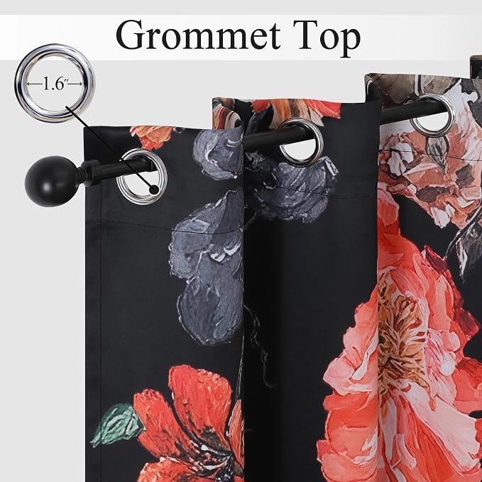 Estelar Textiler Floral Pattern Blackout Curtains for Living Room 90 inches Long 2 Panels,Dark Morning Glory Flower Room Darkening Window Grommet Drapes for Bedroom Decor,52" W X 90" L