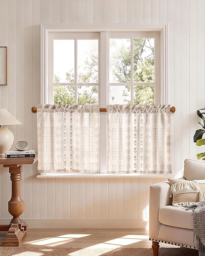 Miss Adola Farmhouse Kitchen Tier Curtains - 24 Inch Length Linen Blend Boho Cafe Curtains Striped Beige Small Window Treatments Over Sink Rod Pocket for Bathroom Living Room Light Filtering, 2 Panels