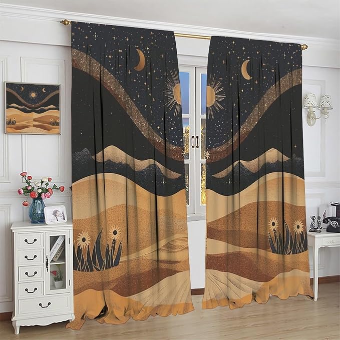 Sun Moon Blackout Curtains, Vintage Country Abstract Mid Century Desert Landscape Window Drapes, for Bedroom Living Room 63" W X 63" L