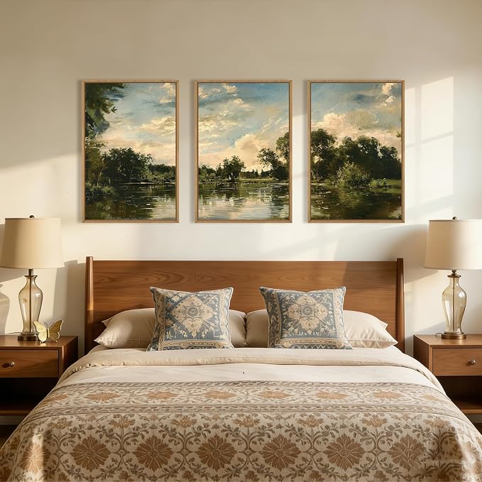 Vintage Landscape Framed Canvas Wall Art Set,Rustic Natural Green Trees and Lake Wall Decor,Classic Nature Scenic French Country Forest Artwork for Living Room,Bedroom,Farmhouse-16 x24 x3
