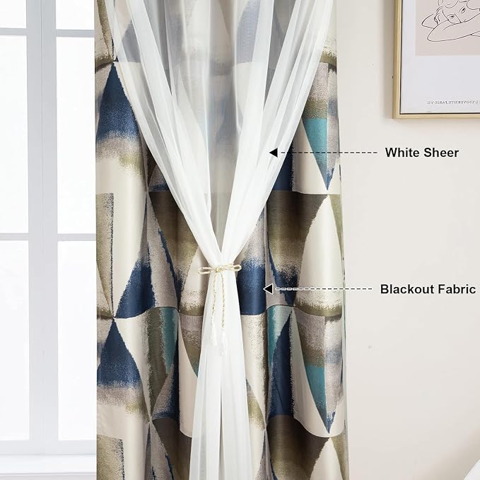 Leeva Grommet Double Layered Curtains and Solid Sheer, Modern Geometric Printing Privacy Window Treatment Curtain Panels for Bedroom Living Room, Blue, Set of 2, 52 x 84 Inches