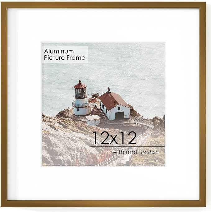 FLYJOE 12x12 Frame - Metal Square Picture Frame With Plexiglass 12x12 Frame With Mat for 8x8 Minimalist Modern Poster Frame Home Wall Decor Hanging Hardware Included, Bronze