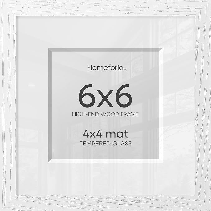 Homeforia 6x6 Picture Frames White, High-End Oak 6 x 6 Square Wood Frame with Mat 4 by 4 inch Photo, 6x6 Wooden Frame Matted to 4x4 Art, 6by6 Wall or Tabletop Frames, Tempered Glass, Wall Kit, Set of 1