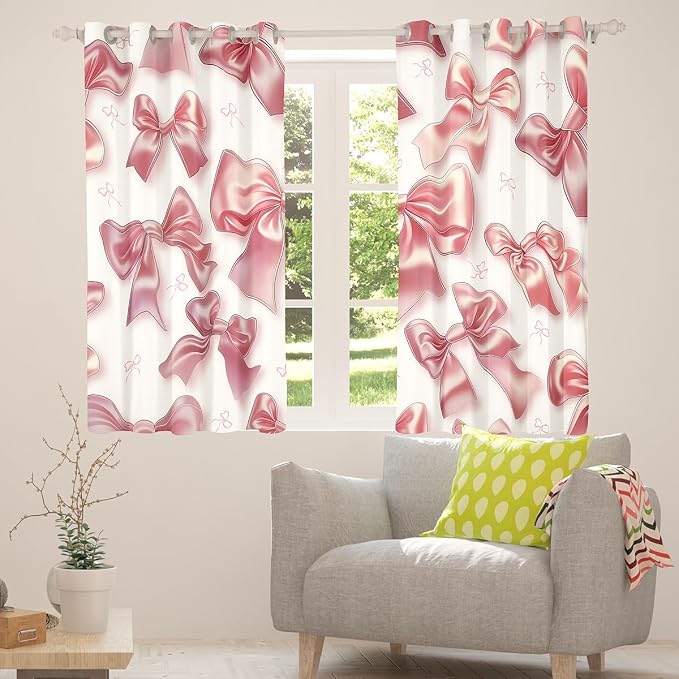 Erosebridal Cute Ribbon Bow Curtain Pink Kawaii Bowknot 38" Wx54 L Window Curtain for Girls Kids Teen,Watercolor Bow Princess Window Treatments Dreamy Bowknot Curtains & Drapes